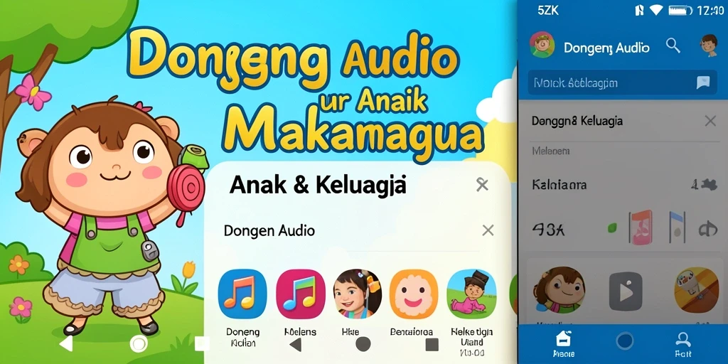 Antarmuka 5ZK menampilkan berbagai pilihan dongeng audio untuk anak-anak.