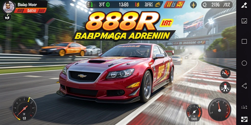 Antarmuka permainan 888R dengan balapan mobil yang intens.