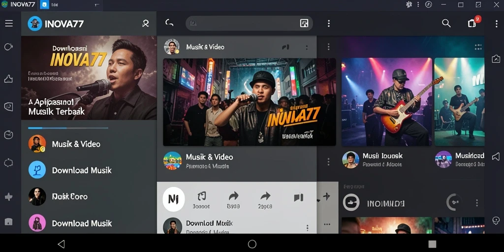 Antarmuka aplikasi INOVA77 menampilkan navigasi yang mudah untuk Download Musik.