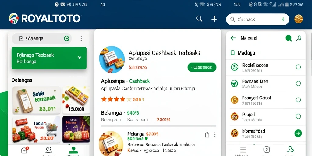 Antarmuka aplikasi ROYALTOTO menampilkan berbagai penawaran cashback yang menarik.